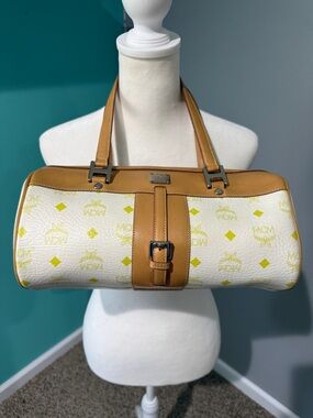 Vintage MCM Visetos Pappillon Bag White Canvas, Leather Trim w/Lime Green Logos